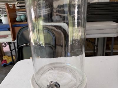 Glass Beverage Dispenser with White Ceramic Base and Spigot