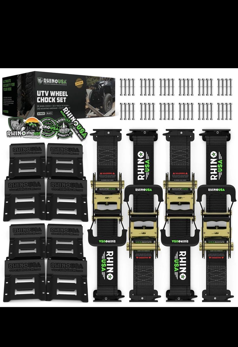 Rhino USA UTV Wheel Chock Set with E-Track Tie-Downs - Heavy Duty 4-Pack for Secure Vehicle Transport