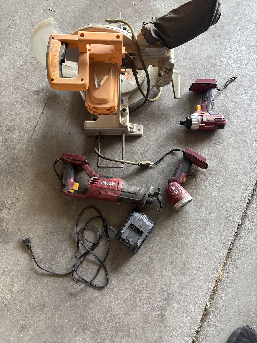 Miter saw, sawsal, flashlight, impact drill and battery charger