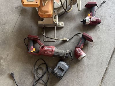 Miter saw, sawsal, flashlight, impact drill and battery charger