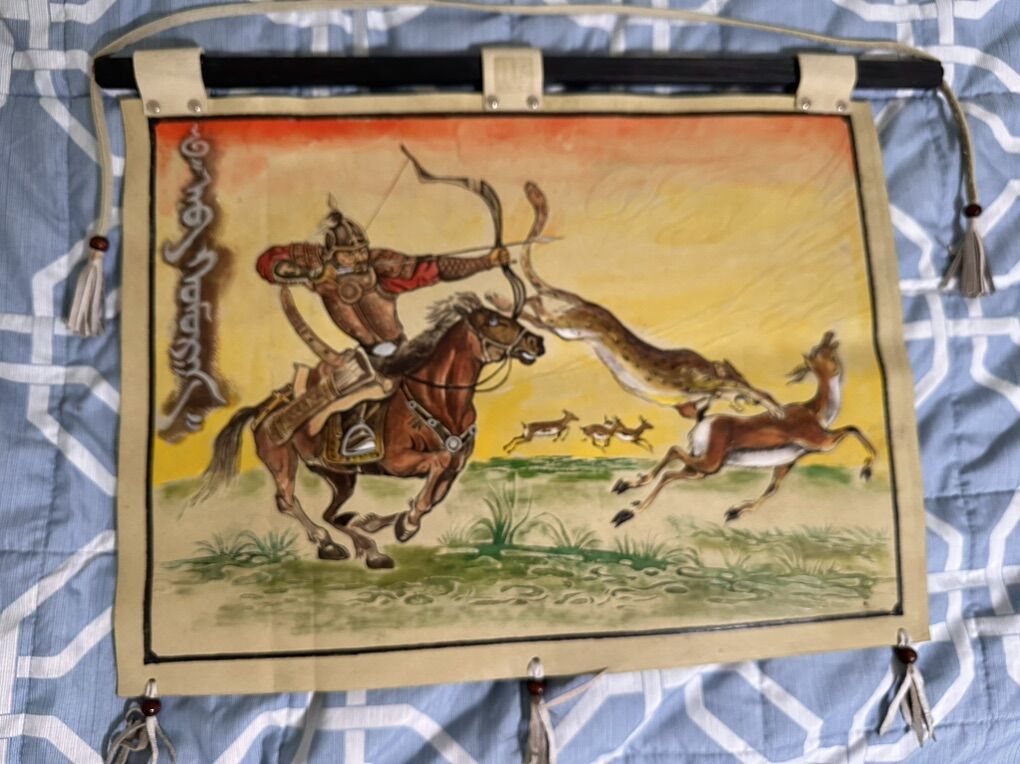 Leather Painting Mongolian Warrior Hunting