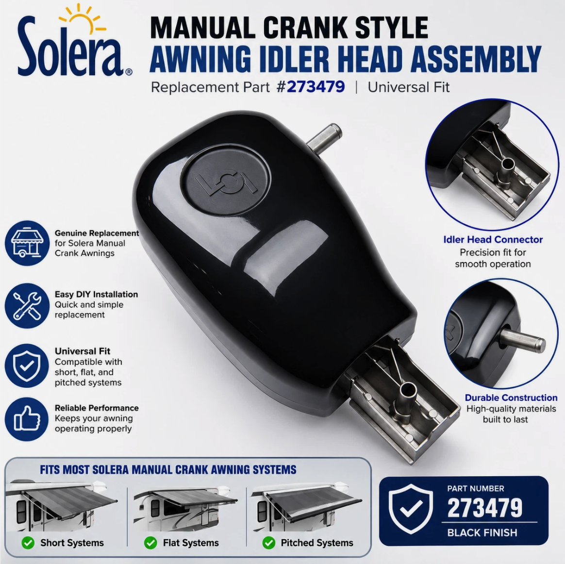 Solera 273479 Manual Crank RV Awning Idler Head Assembly Universal Black