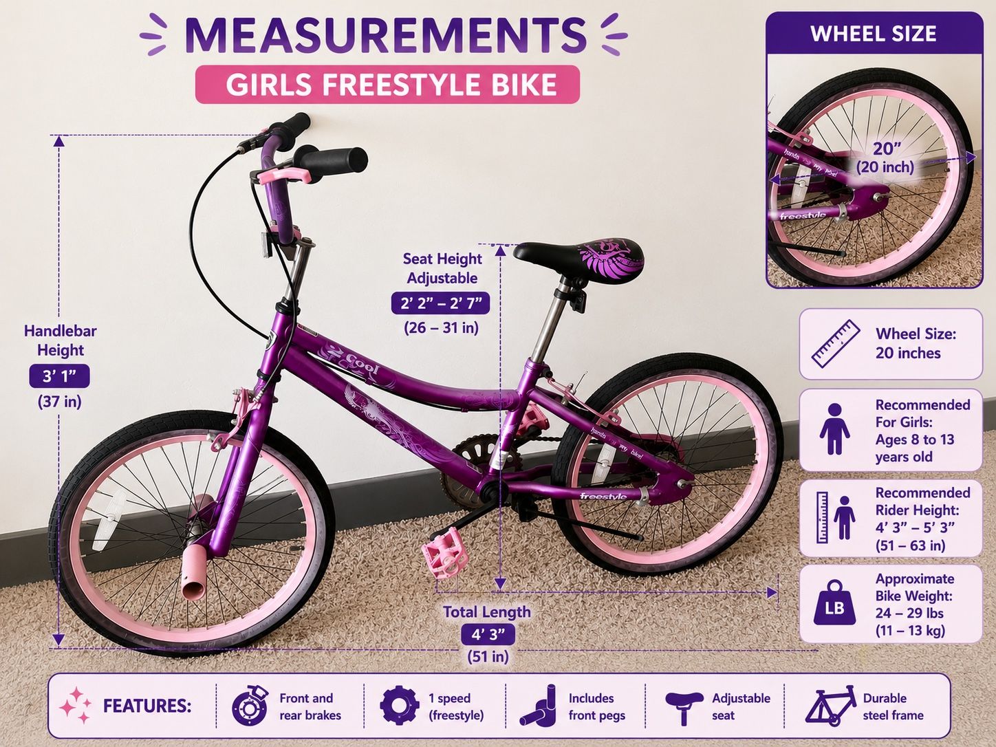 2 Cool Girls' Purple/Pink Freestyle Bike with 20" Wheels