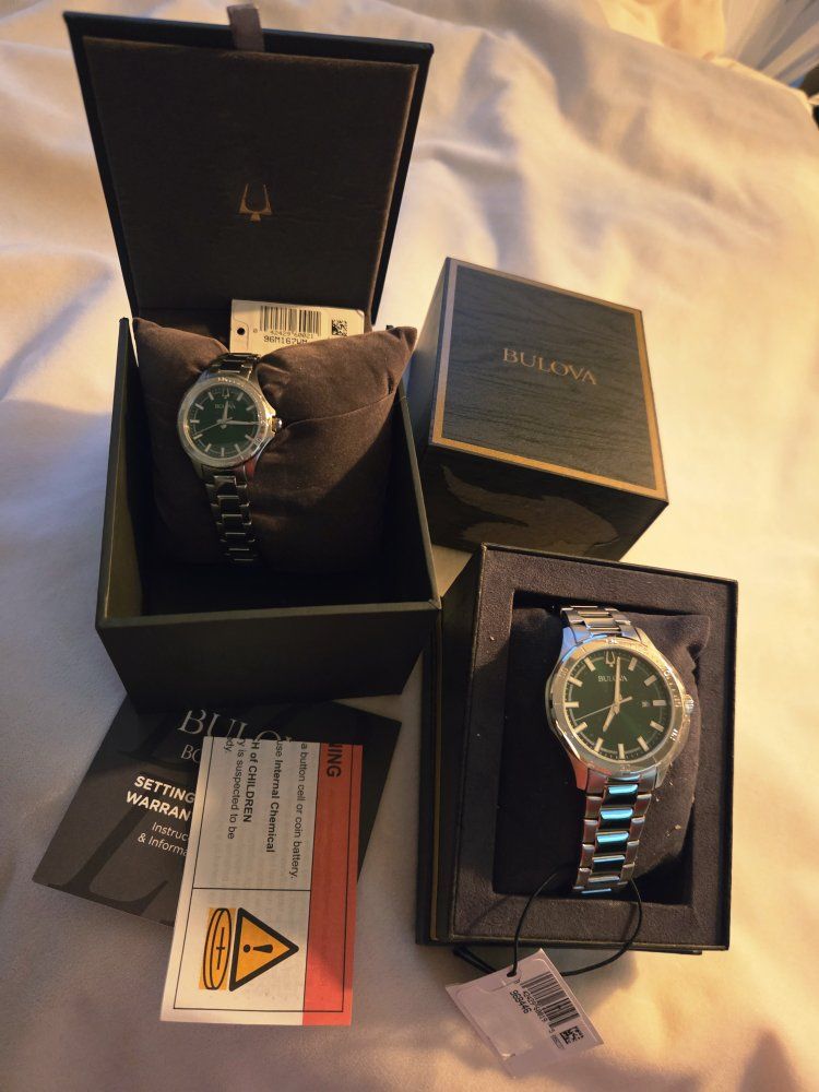 Bulova Green Dial Stainless Steel Bracelet Watch - Model 96M167 & 96B445 (Lot of 2)