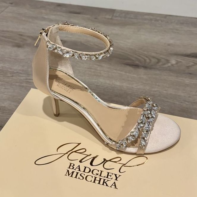Jewel Badgley Mischka Rhinestone Embellished Satin Heel Sandals - Size 6