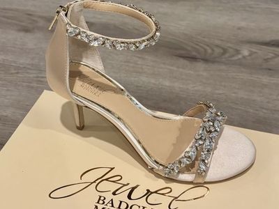 Jewel Badgley Mischka Rhinestone Embellished Satin Heel Sandals - Size 6