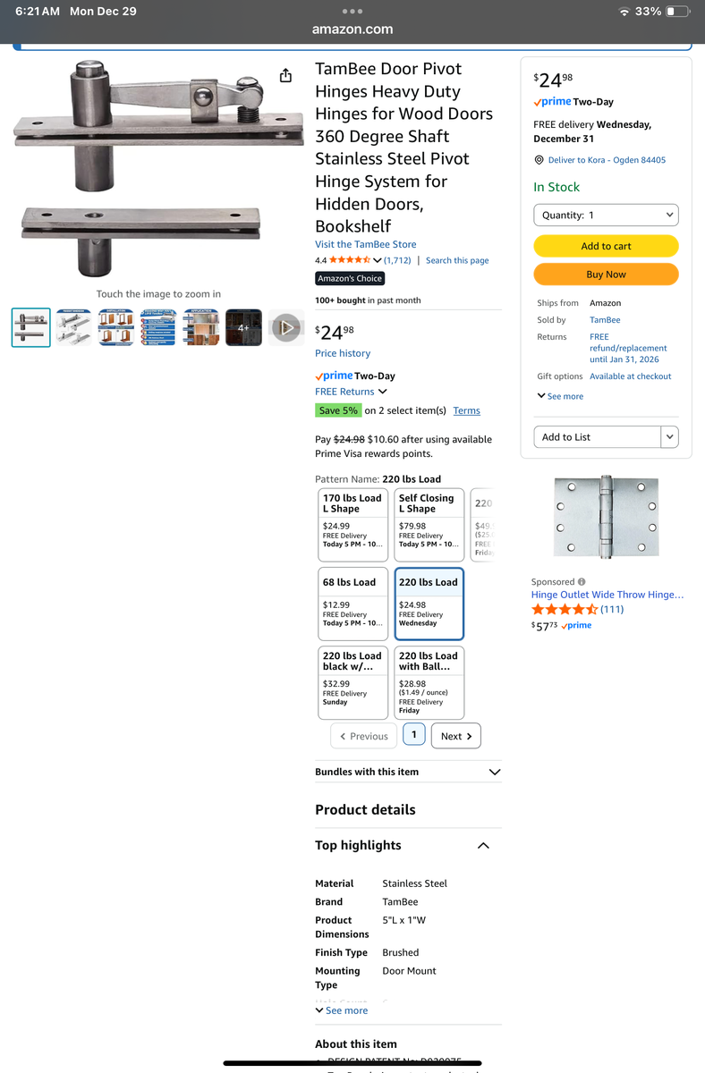 Hinges for hidden doors