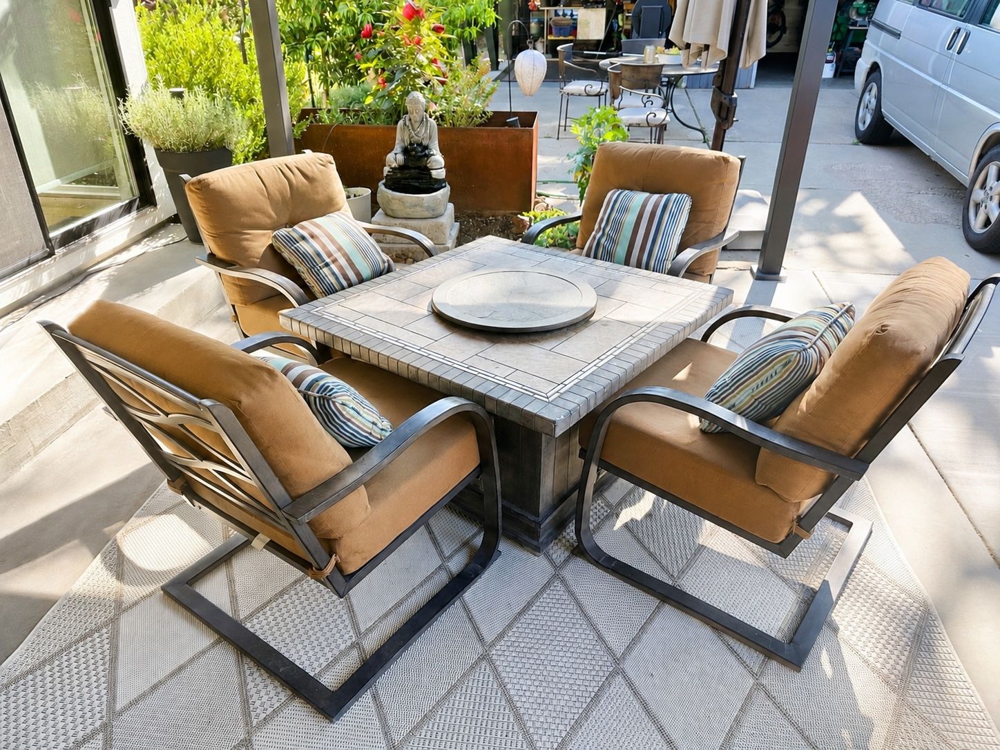 Costco Outdoor Patio Fire Pit Table Set with Four Comfy Chairs and Cushions