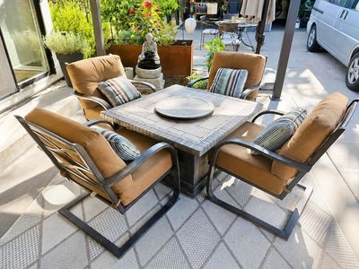 Costco Outdoor Patio Fire Pit Table Set with Four Comfy Chairs and Cushions