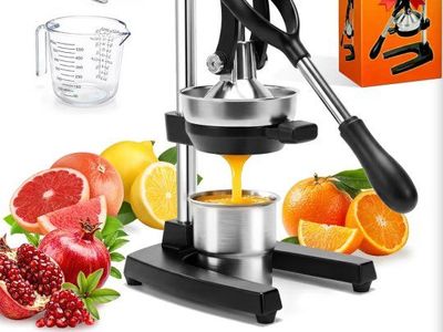 Manual Citrus Juicer Press, Stainless Steel Hand Juicer with Complete Accessory Kit - Strainer, Measuring Cup, Serving Cup