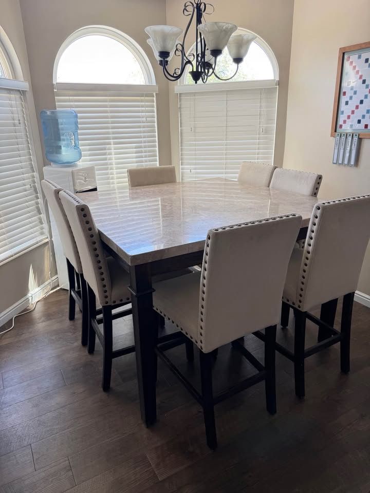 Counter-Height Marble-Top Dining Set — Table + 7 Chairs