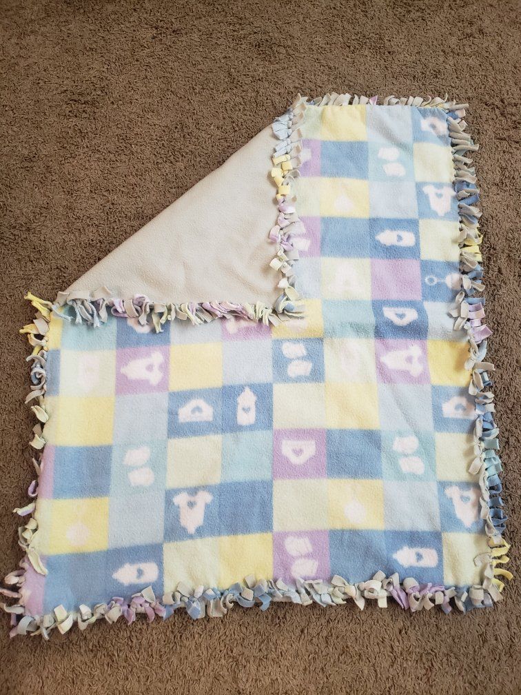 Handmade Tie-Fleece Baby Blanket Blue Yellow Pastel Checkered