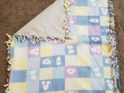 Handmade Tie-Fleece Baby Blanket Blue Yellow Pastel Checkered