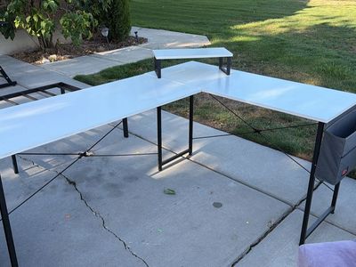 White and Black L-Shaped Computer Desk with Monitor Stand and Storage Pocket