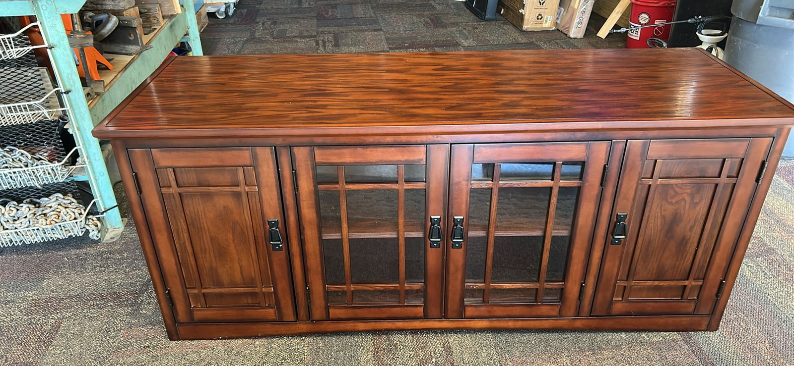 Mission Style Wood Media Console Entertainment Center TV Stand with Glass Doors