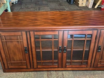 Mission Style Wood Media Console Entertainment Center TV Stand with Glass Doors