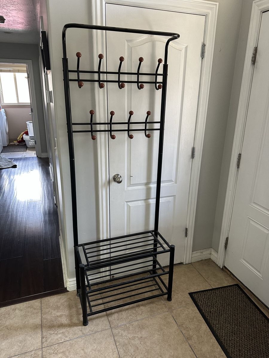 Black Metal Hall Tree with Coat Rack & Shoe Storage Bench - Modern Entryway Organizer