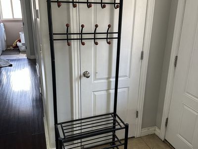 Black Metal Hall Tree with Coat Rack & Shoe Storage Bench - Modern Entryway Organizer