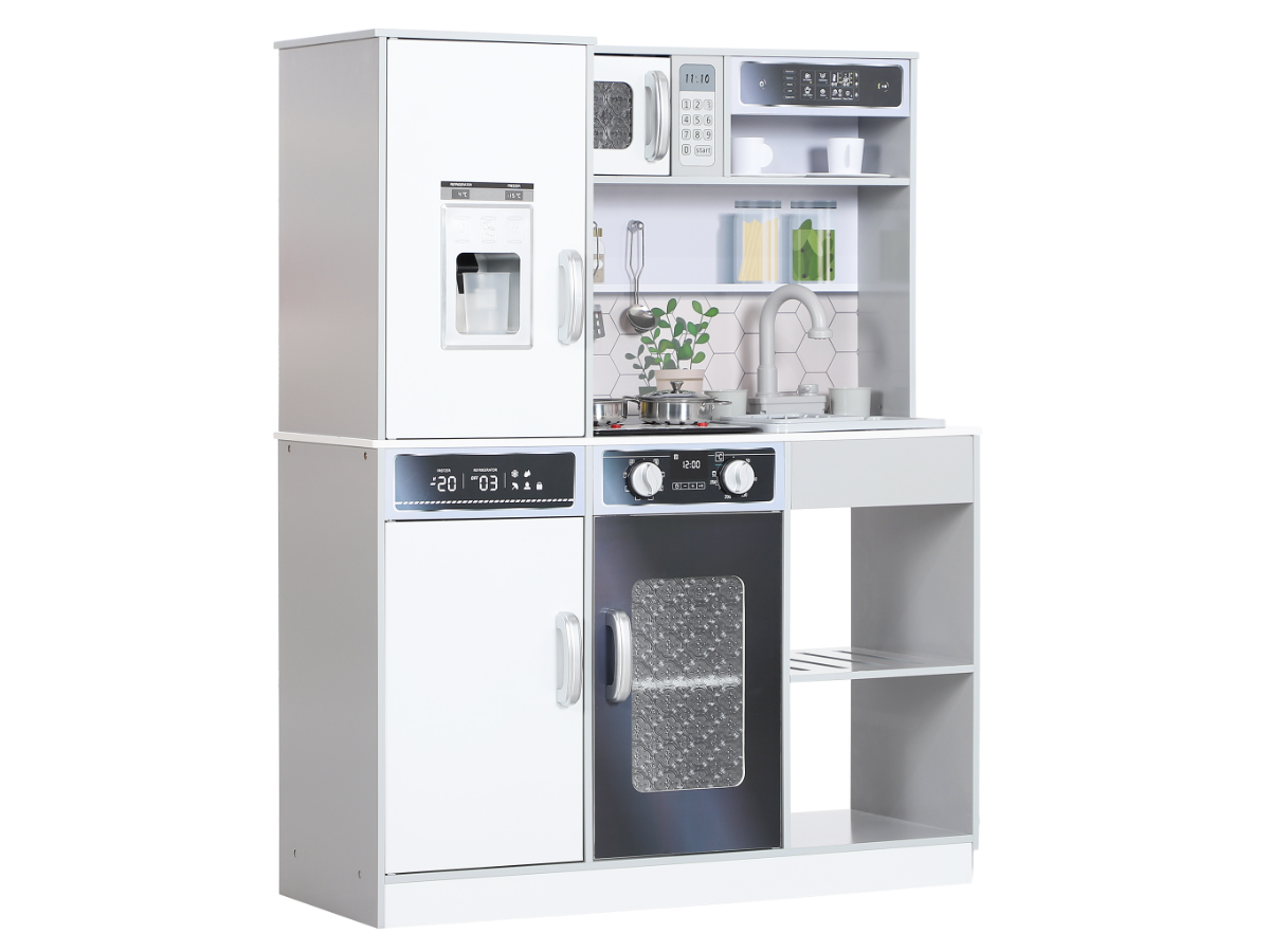 Qaba Play Kitchen, Kids Kitchen Playset w/ Lights, Sounds, Running Water, Coffee Machine, Ice Maker & Microwave for 3-8 Years