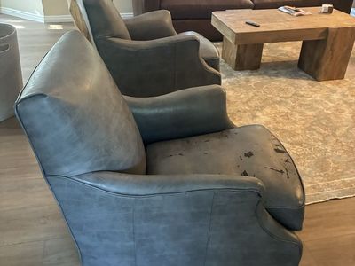 Pair of Gray Leather Armchairs - Distressed Upholstery, Classic Design