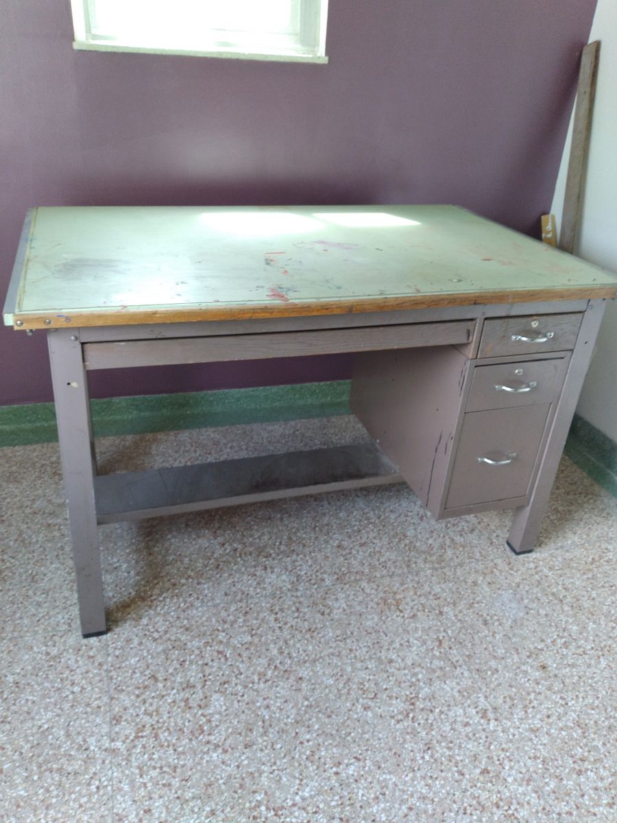  Metal  Drafting Desk with Drawers and Storage Shelf