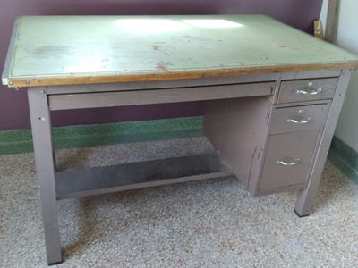 Metal Drafting Desk with Drawers and Storage Shelf