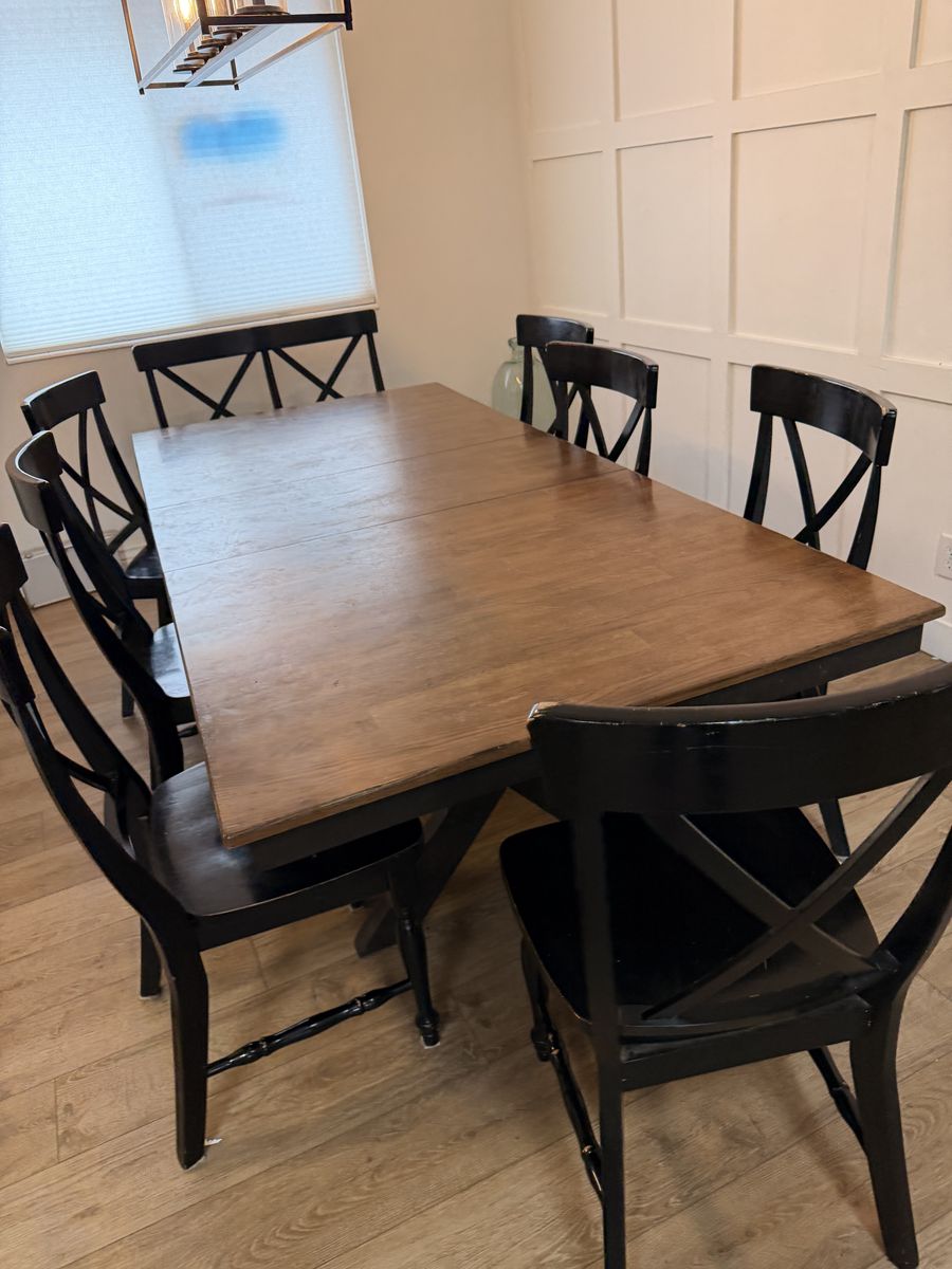 Large Solid Wood Dining Table with 7 Chairs, 1 Chair/Bench, and 1 normal Bench