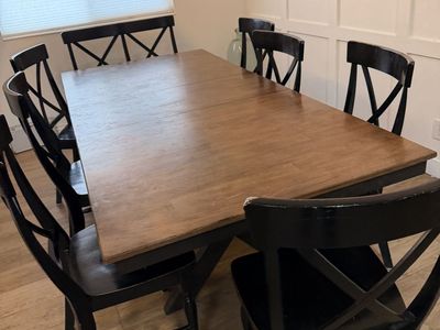 Large Solid Wood Dining Table with 7 Chairs, 1 Chair/Bench, and 1 normal Bench
