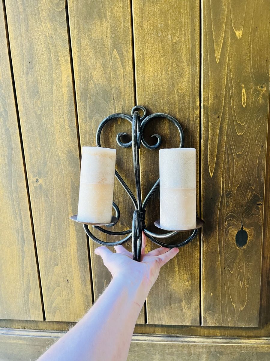 Wrought Iron Sconce Wall Candle Holder - Rustic Farmhouse Decor, Double Pillar Candle Holder