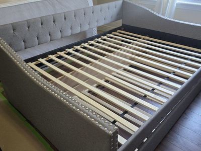 Gray Tufted Queen Daybed Frame with Twin Trundle - Nailhead Trim, Sturdy Wood Slats
