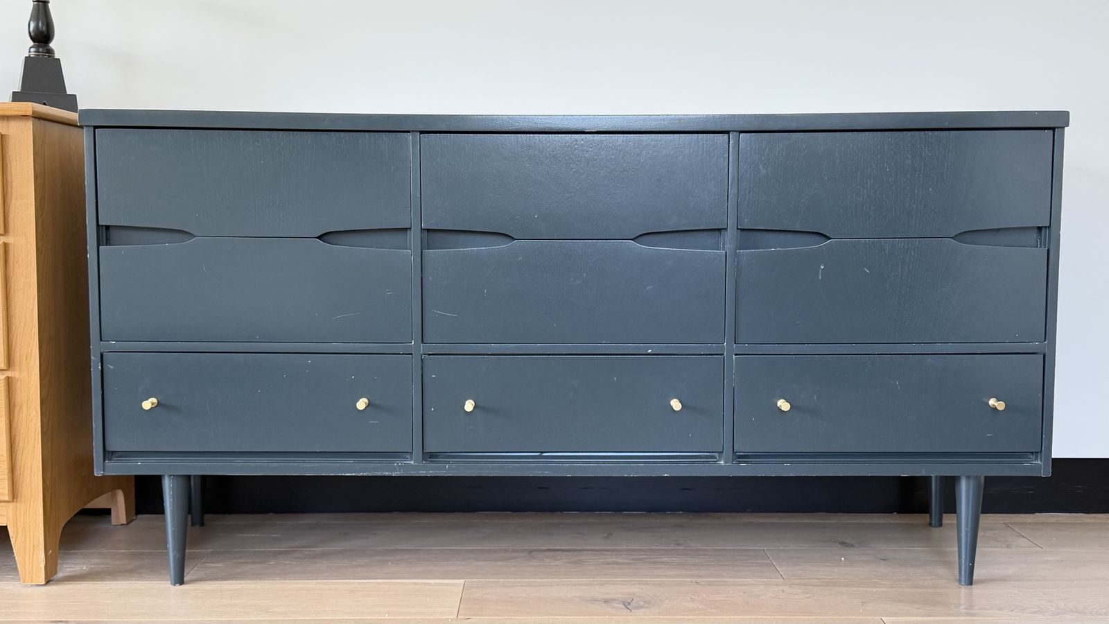 Bassett Furniture Mid-Century Modern Dresser/Credenza, Dark Blue Grey, 9-Drawer Bow Front