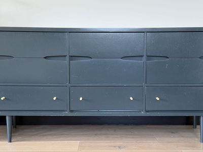 Bassett Furniture Mid-Century Modern Dresser/Credenza, Dark Blue Grey, 9-Drawer Bow Front