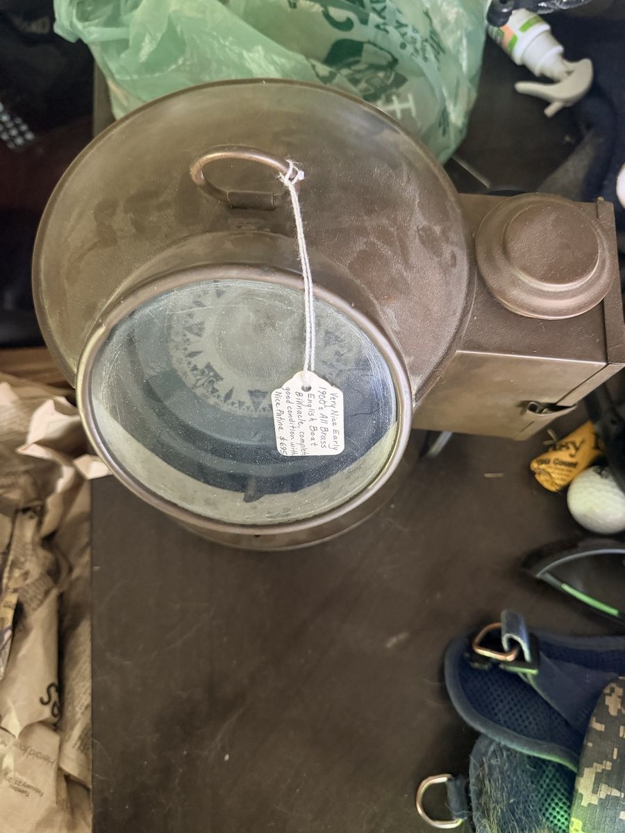 Early 1900s English All-Brass Boat Binnacle Compass with Original Light Housing and Patina