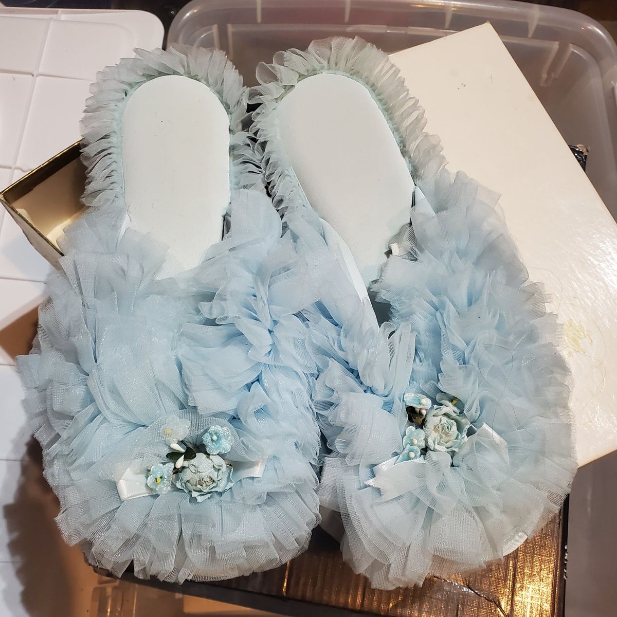 Vintage Glamour Skuffs by Madye's Light Blue Tulle Slippers Size M 7-8