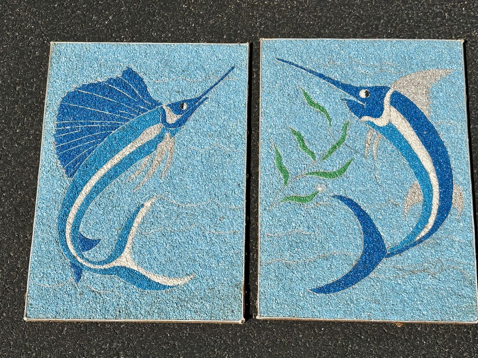 Fab set of Mid Century gravel art, pair of swordfishes.   Vintage