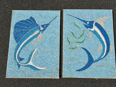 Fab set of Mid Century gravel art, pair of swordfishes. Vintage