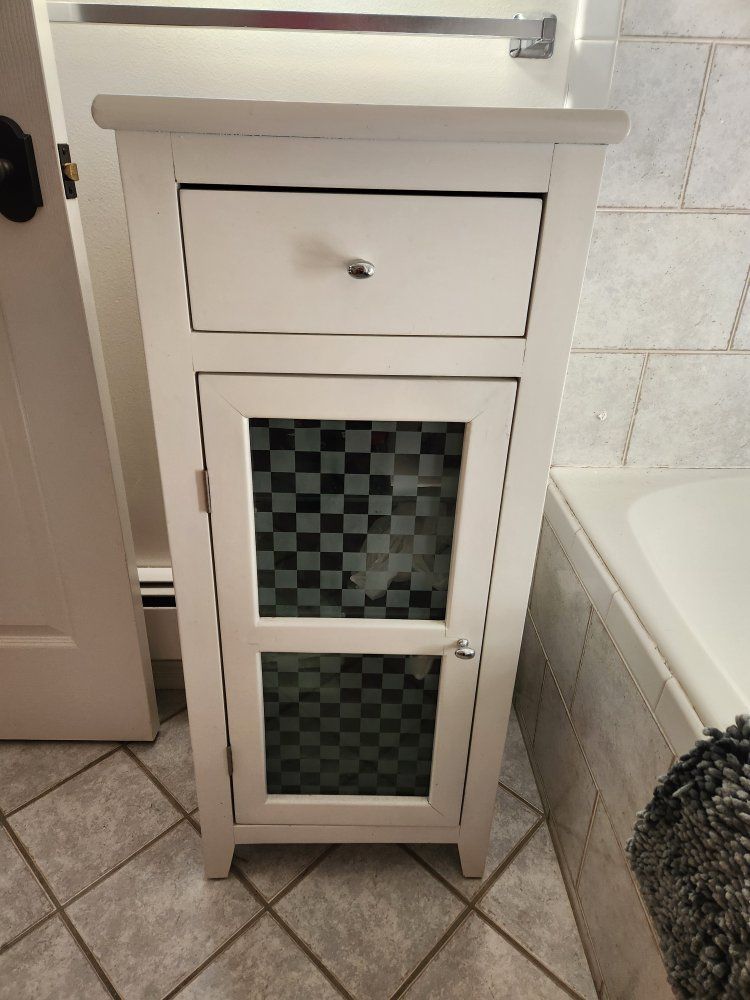 White Bathroom Storage Cabinet with Drawer and Checkered Glass Door and Shelves
