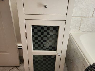 White Bathroom Storage Cabinet with Drawer and Checkered Glass Door and Shelves