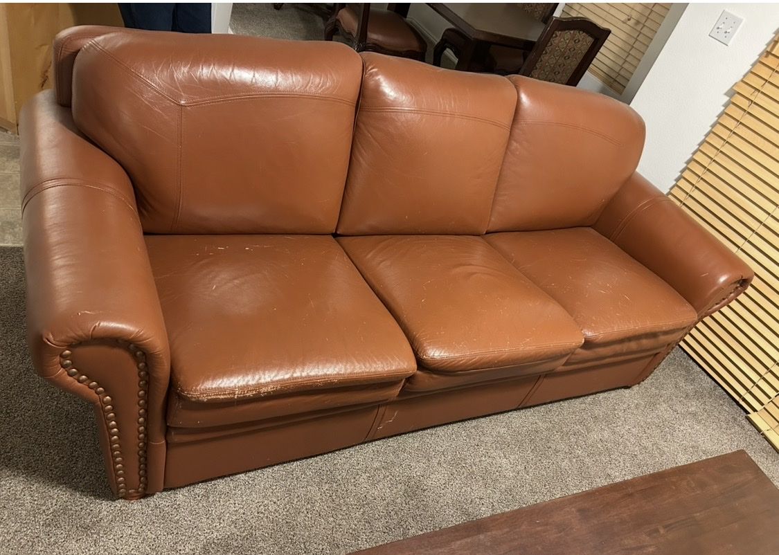 Free Brown Leather Sofa Couch - Good Quality, Minor Scratches in Heber by mayflower exit Fox Bay condos