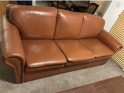 Free Brown Leather Sofa Couch - Good Quality, Minor Scratches in Heber by mayflower exit Fox Bay condos