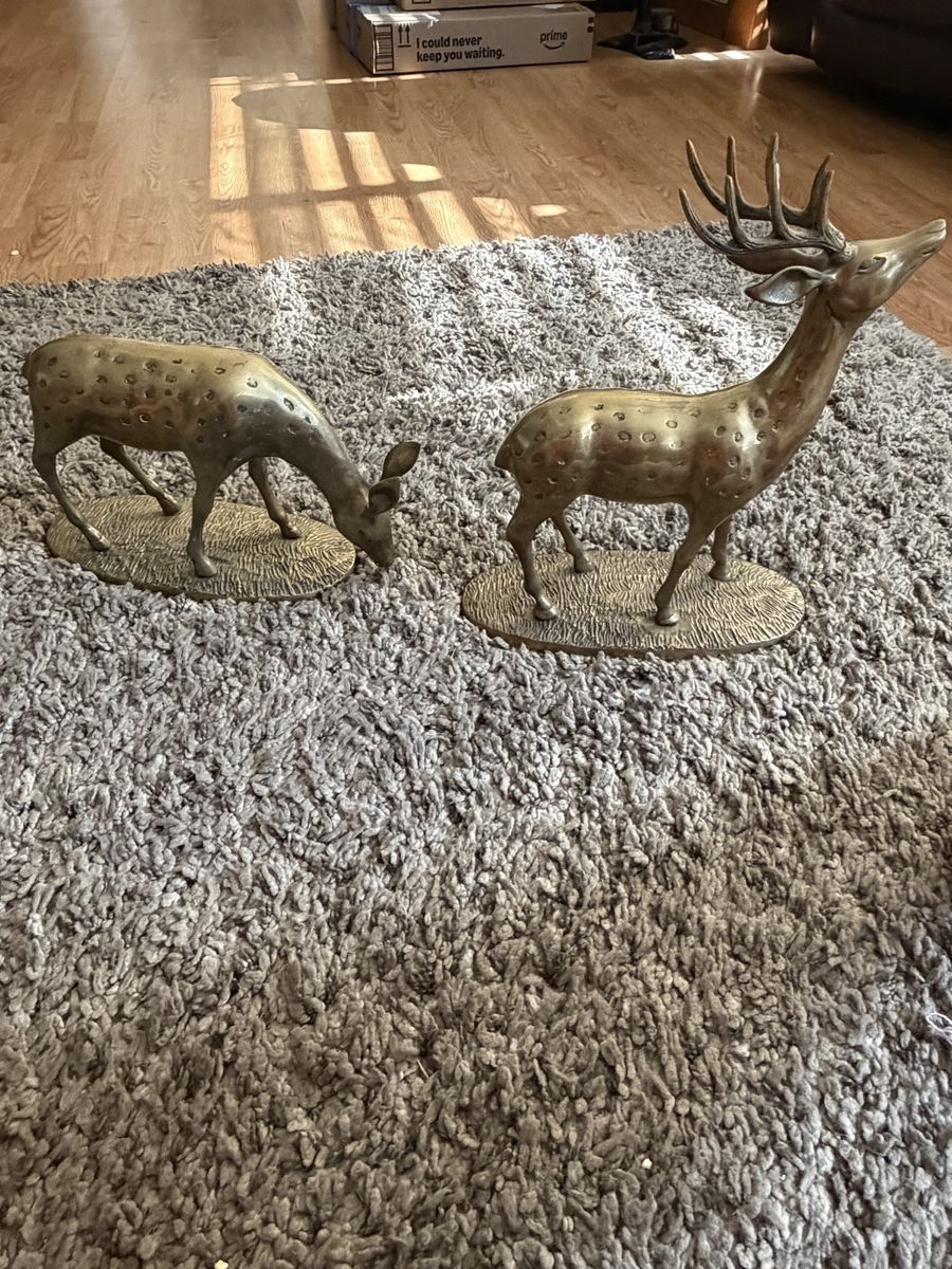 Vintage large Brass Deer Figurines Set - Stag & Doe Decorative Home Decor 12” x 11” 7.5 pounds