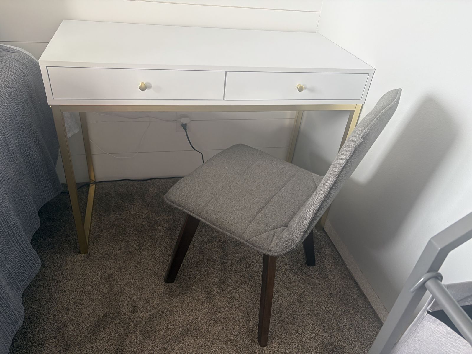 2 Modern White Writing Desk with Gold Base and Drawers and 2 gray chairs