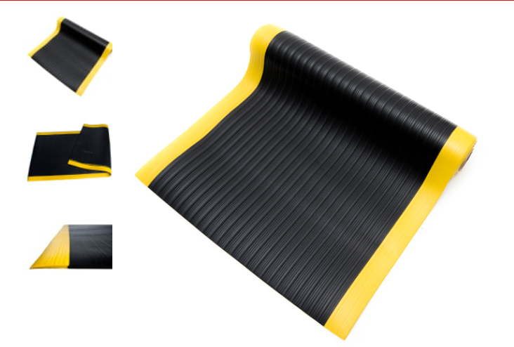 Antifatigue Mat, 60 ft. L x 3 ft. W, 3/8 in Thickness, Ribbed, Black/Yellow