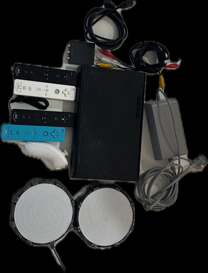 Nintendo Wii Console RVL-001 Black with 4 Remotes, Nunchucks, Power & AV Cables, and Bongo Drums