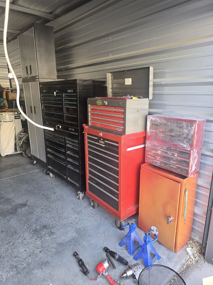 Massive tool collection, 3 tool boxes and 3 cabinets fully loaded.