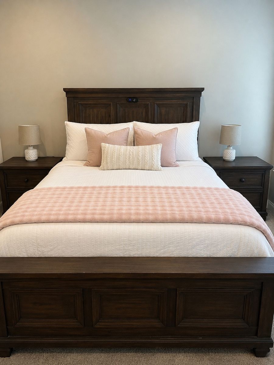 Dark Wood Bedroom Furniture Set - Queen Bed Frame, 2 Nightstands, 9-Drawer Dresser