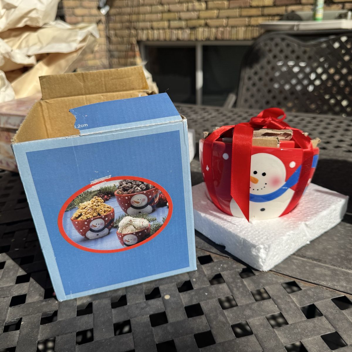 Ceramic Snowman Nesting Bowls Set with Red Ribbon and Box