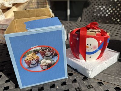 Ceramic Snowman Nesting Bowls Set with Red Ribbon and Box