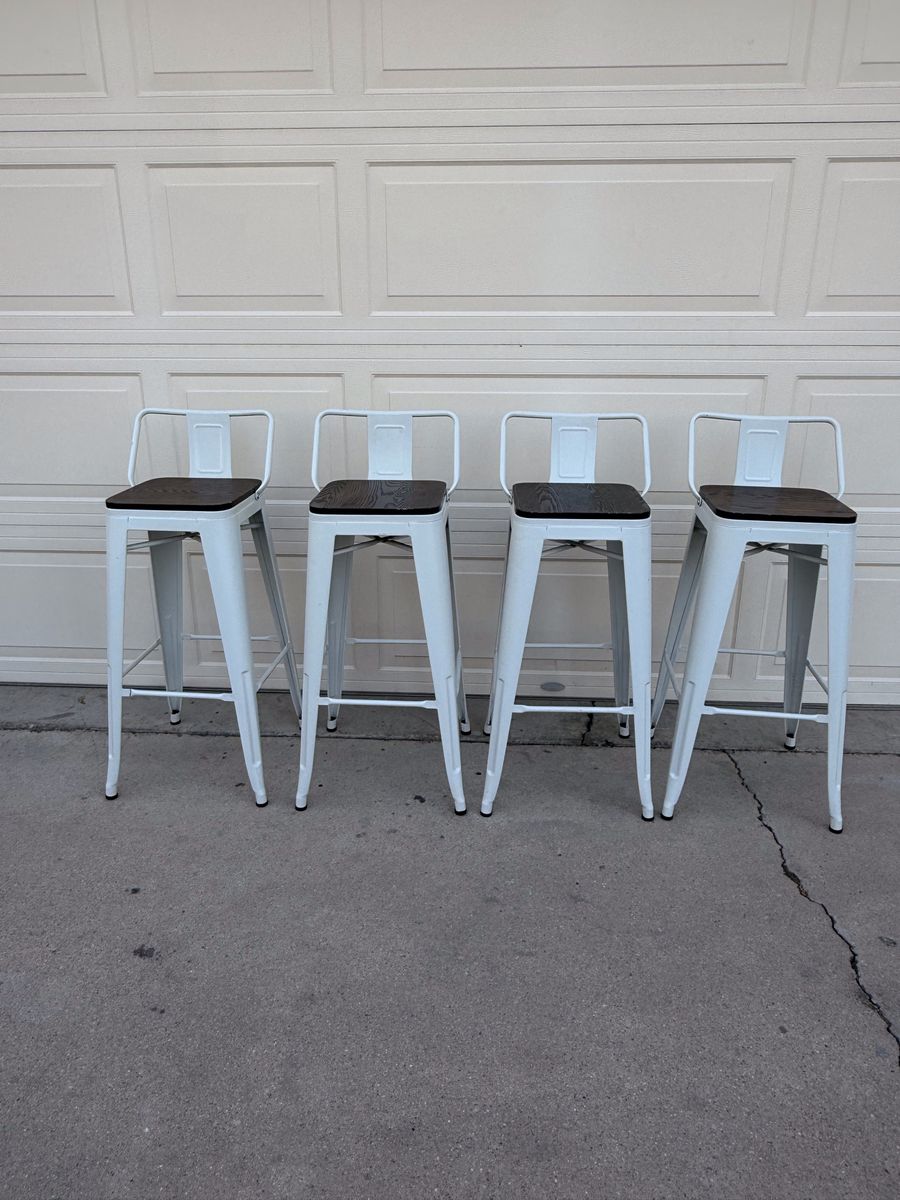 Set of 4 White Metal Bar Stools with Wood Seats - Industrial Style Backed Counter Height