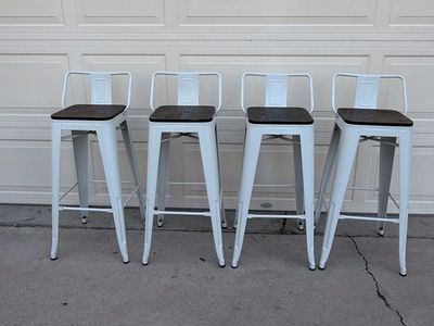 Set of 4 White Metal Bar Stools with Wood Seats - Industrial Style Backed Counter Height